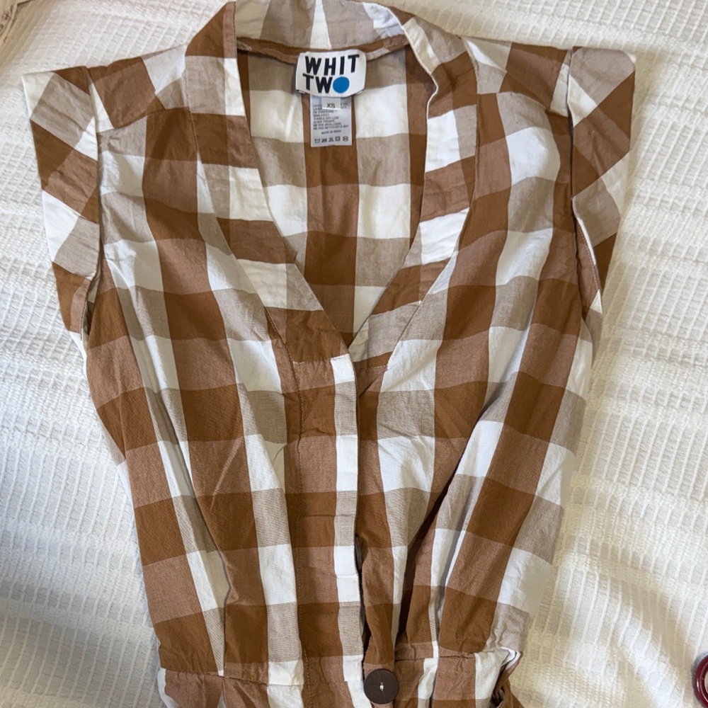 Anthropologie Tan and Cream Plaid Romper